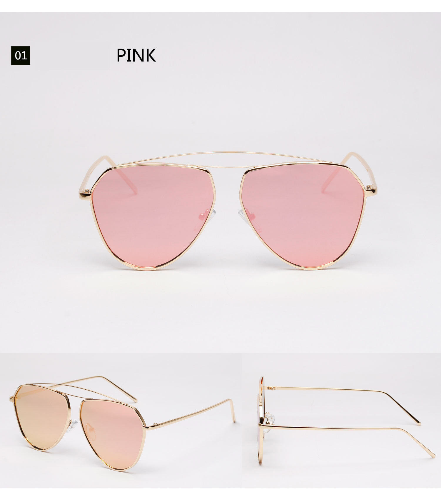 New Fashion Metal Cat Eye Sunglasses Classic Twin Beams Rose Gold Frame