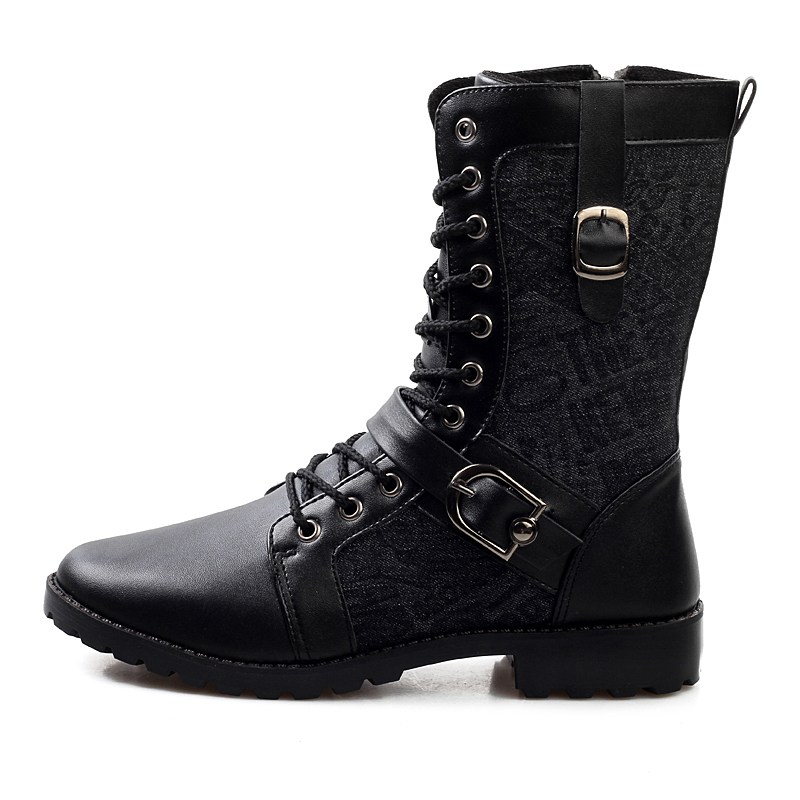High Top Buckle Martin Boots Spring Autumn Punk Martin Boots Men Fashion PU Leather Lace-up Motorcycle Boots Black Vintage High Top Buckle Shoes Man