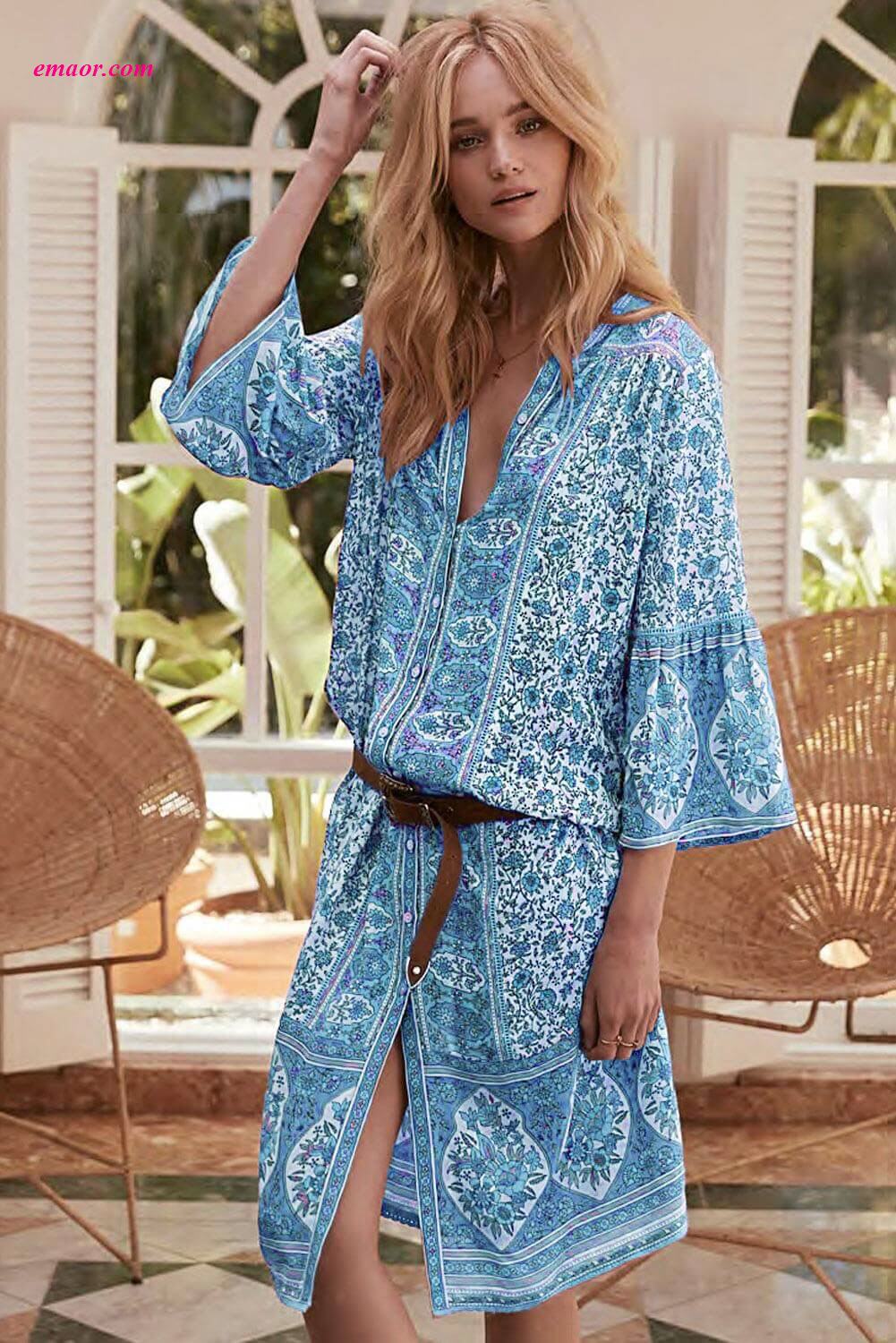  Wholesale Floral Dresses Sky Blue Three-Quarter Sleeve Mid-Calf Print Dress
