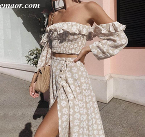 Two Piece Outfits Shoulder White Set Crop Top And Skirt Set High Waisted Skirt Set Off The Shoulder Dresses Summer Wedding Guest Bridesmaid Dresses