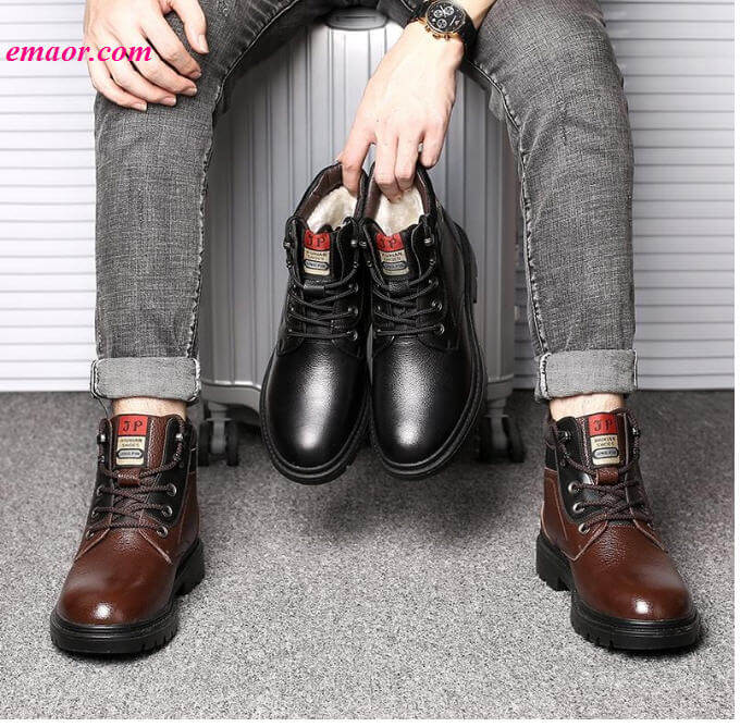 Fur Warm Men's Casual Boots Cotton Shoes Leather Winter Flannel Martin Boots 