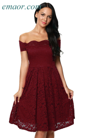 A Line Summer Dress Wine Scalloped Of Shouldefr Flared Lace Dress Dress ...