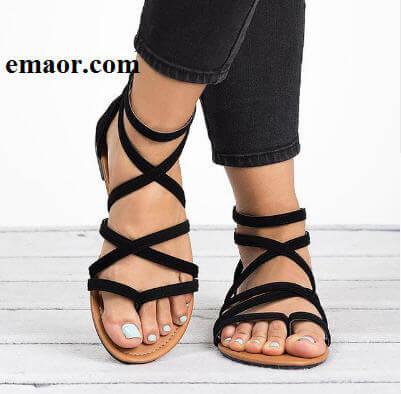 Women Sandals Fashion Summer Gladiator Black Pink Flat Rome Style Cross Tied Sandals Shoes