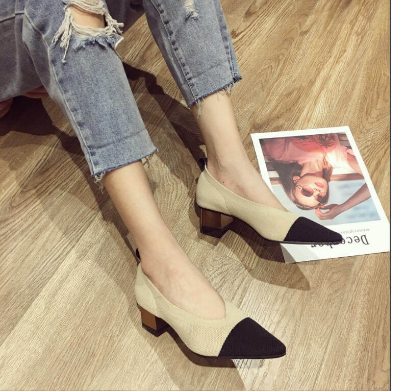  Mk Flat Shoes Women's Shoes Mixed Color Wool Knitted Loafers Mujer Footwear Med Square Heels Pointed Pumps Korean Slip-on Femme High Heel Shoe Mk Flat Shoes