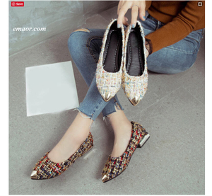  Roxy Shoes Women's Flats Slip on Flat Gold Pointed Toe Casual Shoes Plaid Boat Shoes Metal Heels Female Shoes Shallow Ladies Spring Footwears Roxy Shoes