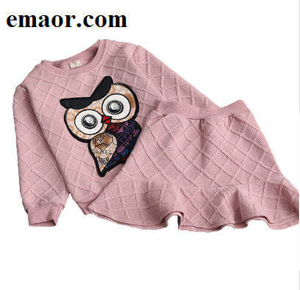 Girls Clothes Set New Fashion Spring Cotton Litter Girl Cute Clothing Suit For Girl Long Sleeve Embroidery Owl&ball Sweatshirt + Skirt