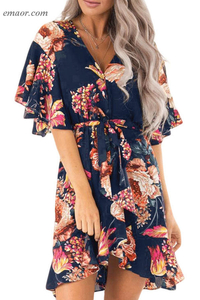  Best Summer Dresses Shop Dress Apricot Floral Print V Neck Wrap Dress with Ruffle Sleeves Cute Summer Dresses Saloni Dress Shop Blue Dress