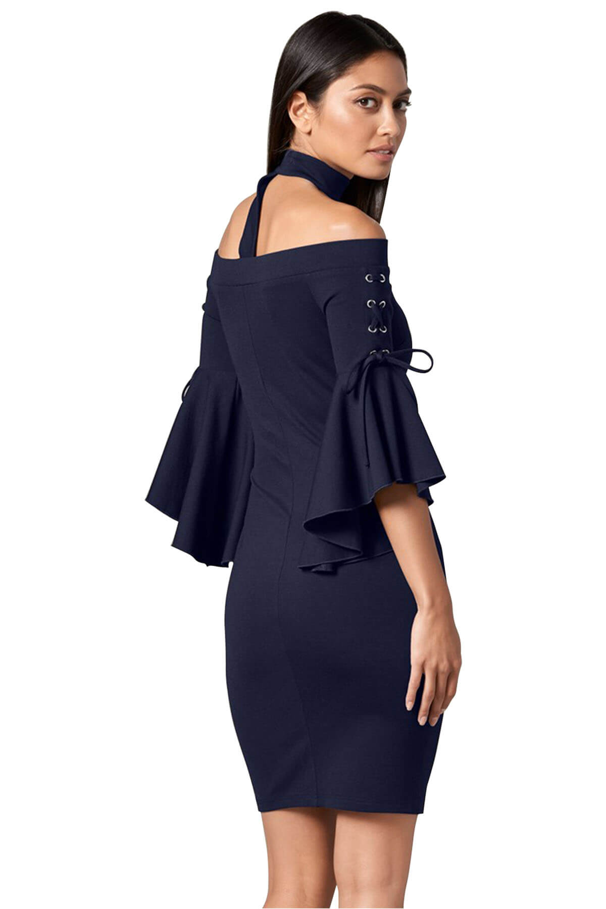Dress Hot Grommet Lacing Sleeved Navy Choker Dress on Sale Dress