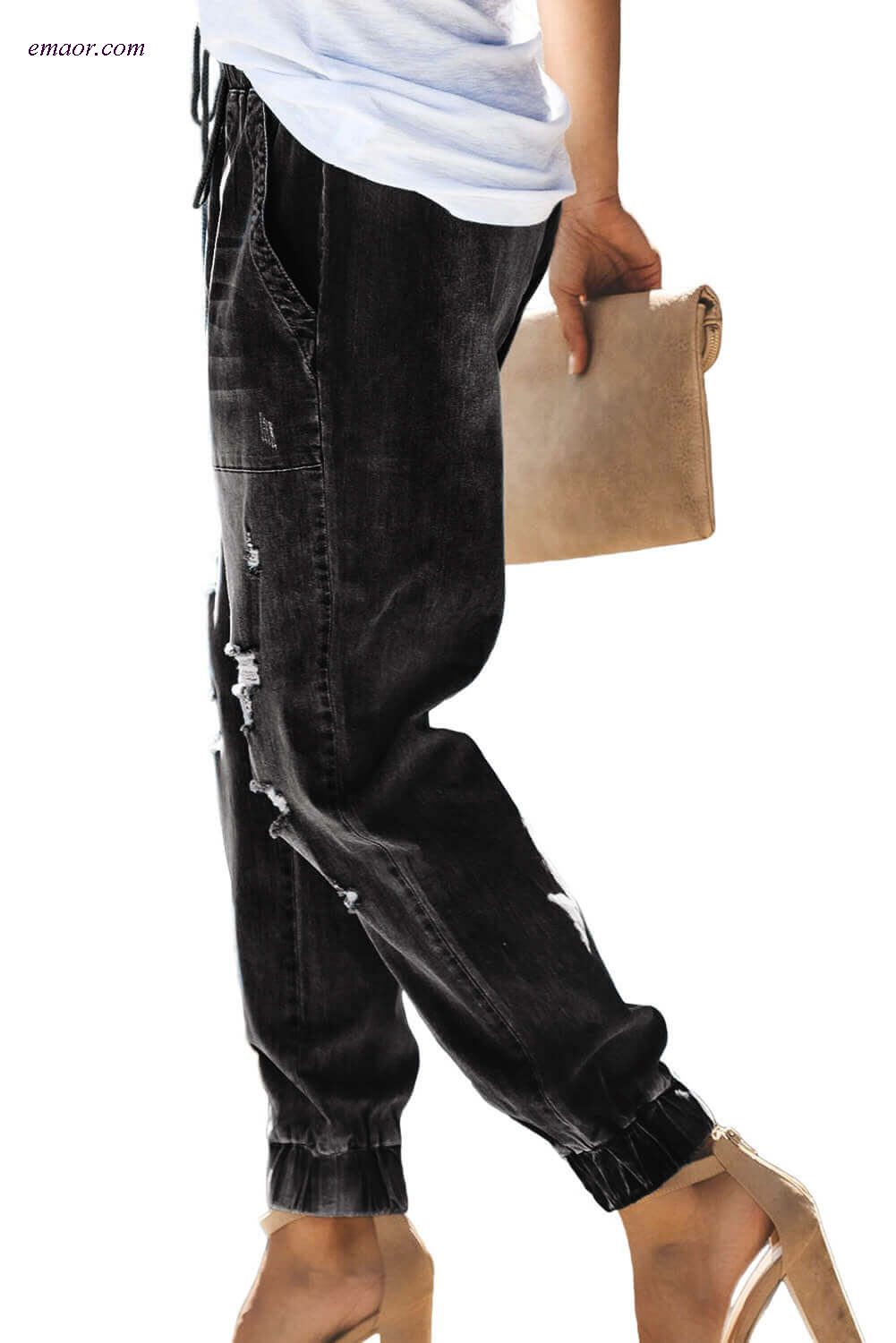 Wholesale Best Girl Distress Drawstring Pocketed Joggers Ripped Jeans on Sale