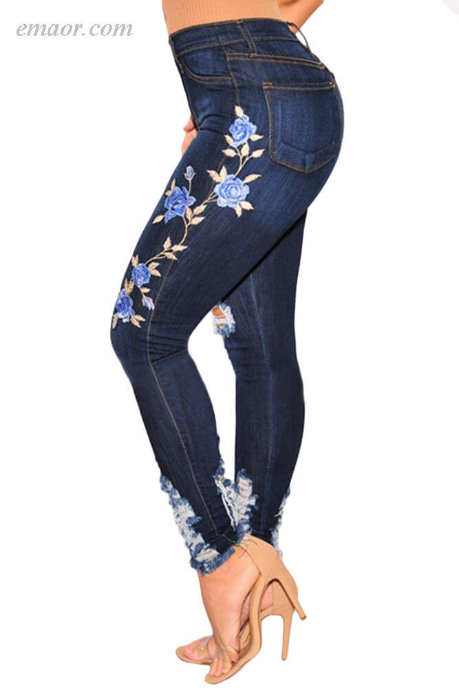 Best Ripped Jeans Embroidered Floral Destroyed Jeans on Sale
