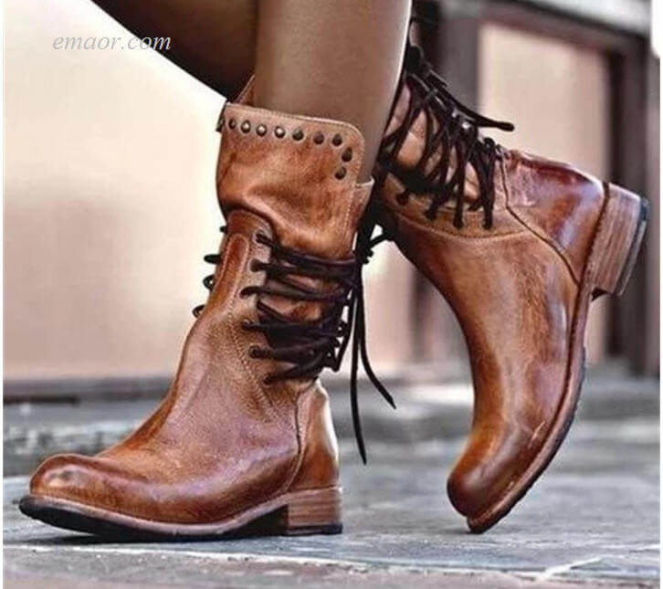 Female Harley Boots Female Shoes Block Motorcycle Booties Plus Size Shoes Leather Shoes Low Heel Mid Calf Boots Female Hunting Boots