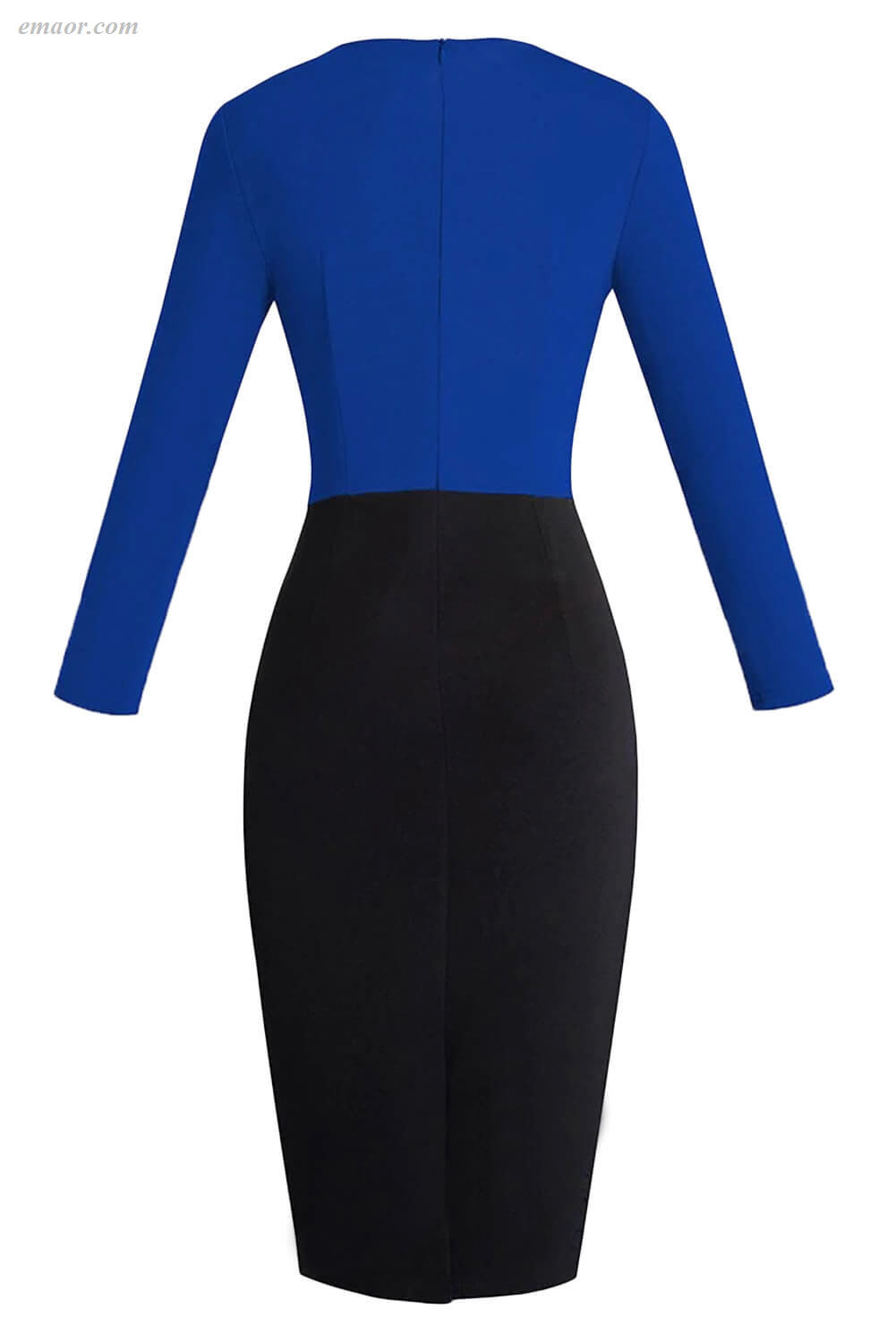 Wholesale Royal Blue Contrast Waist Long Sleeve Sheath Midi Dress on Sale