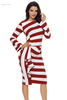 Hot Burgundy Striped Ruffle Side Back Slit Long Sleeve Midi Dress on Sale